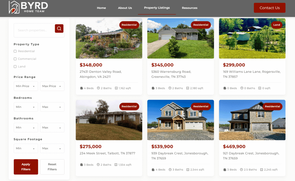 Custom coded search and filter functions for over 4,800 properties.